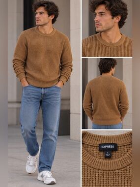 Express Waffle Knit Cotton Crewneck Sweater Camel Sz L